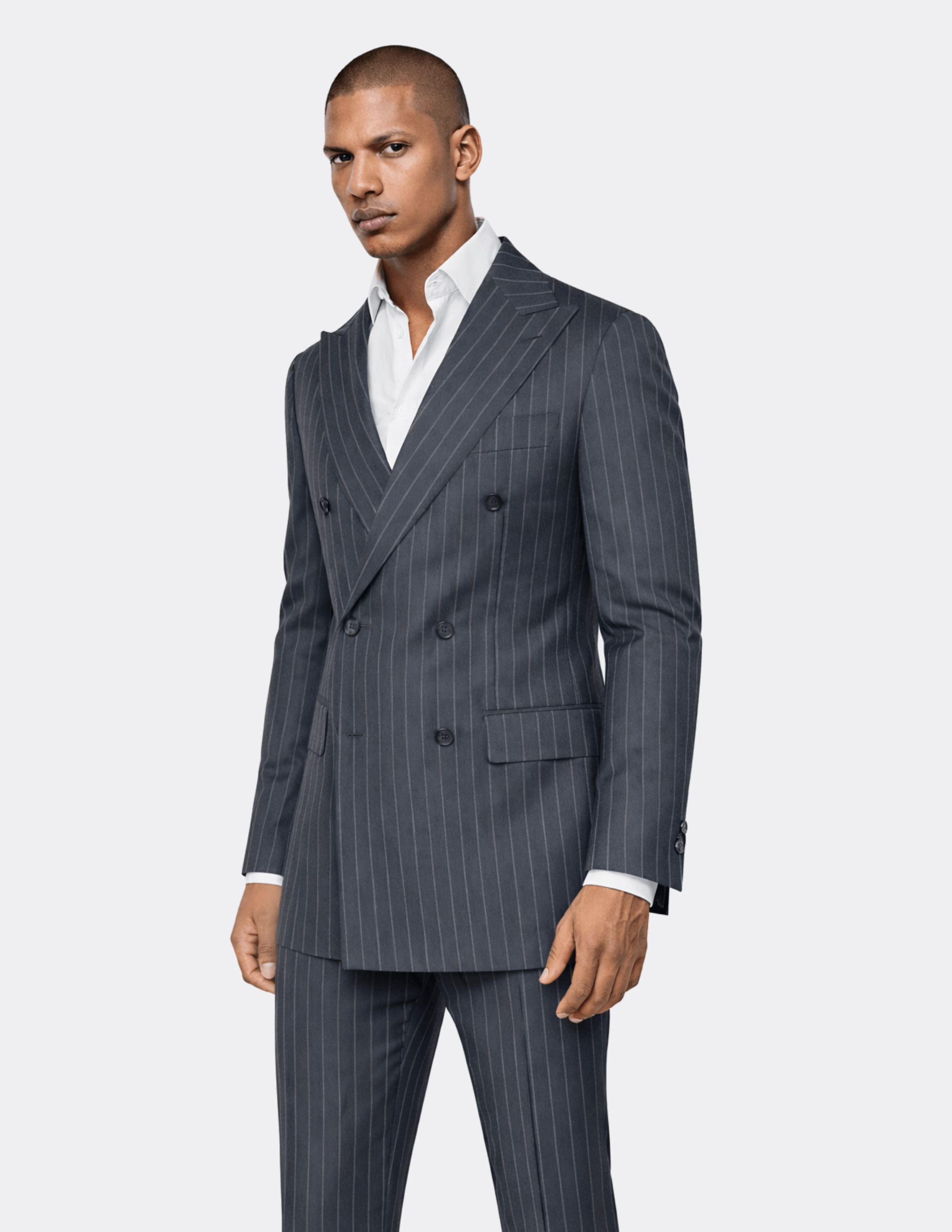 Dark Grey White Stripes Wool Double Breasted Suit
