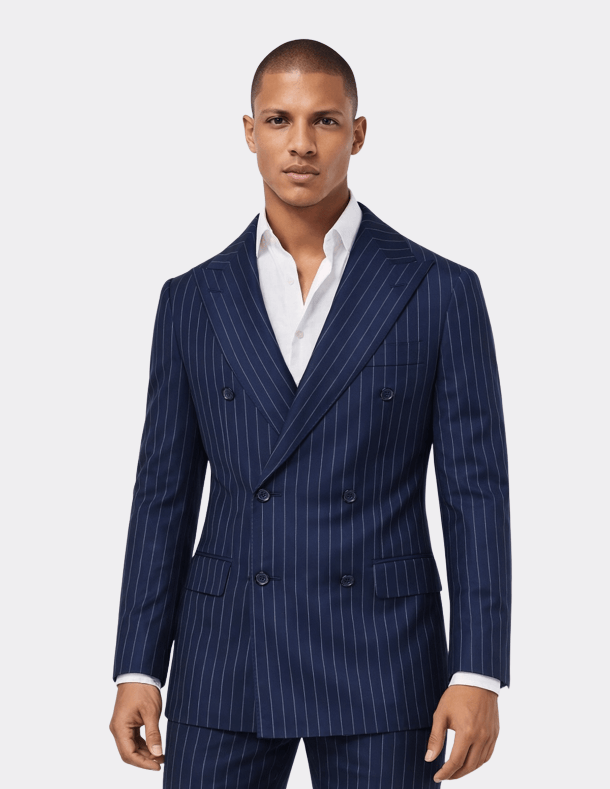 Navy Blue White Stripes Wool Double Breasted Suit