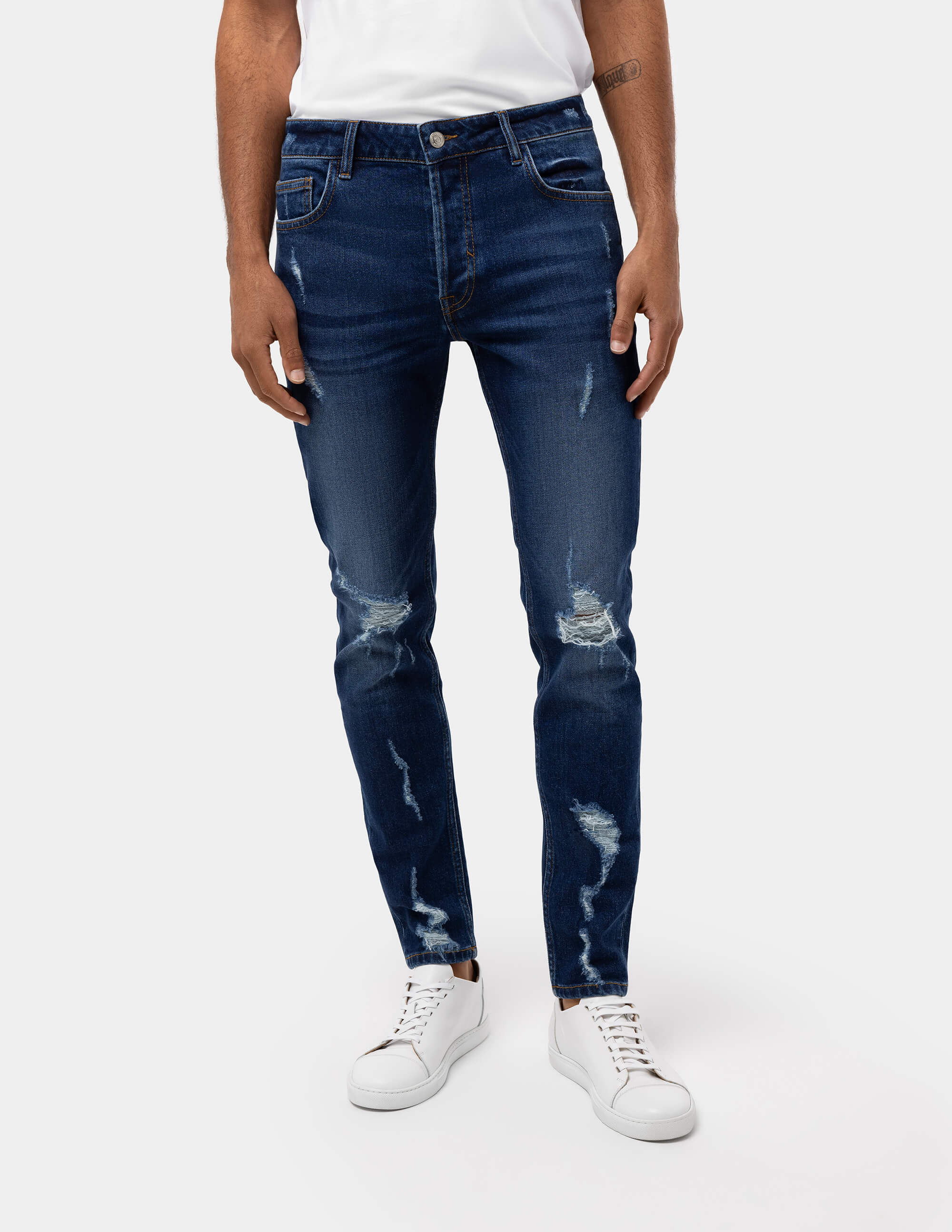 Dark Blue Distressed Slim Fit Jeans - Samir Bachkami