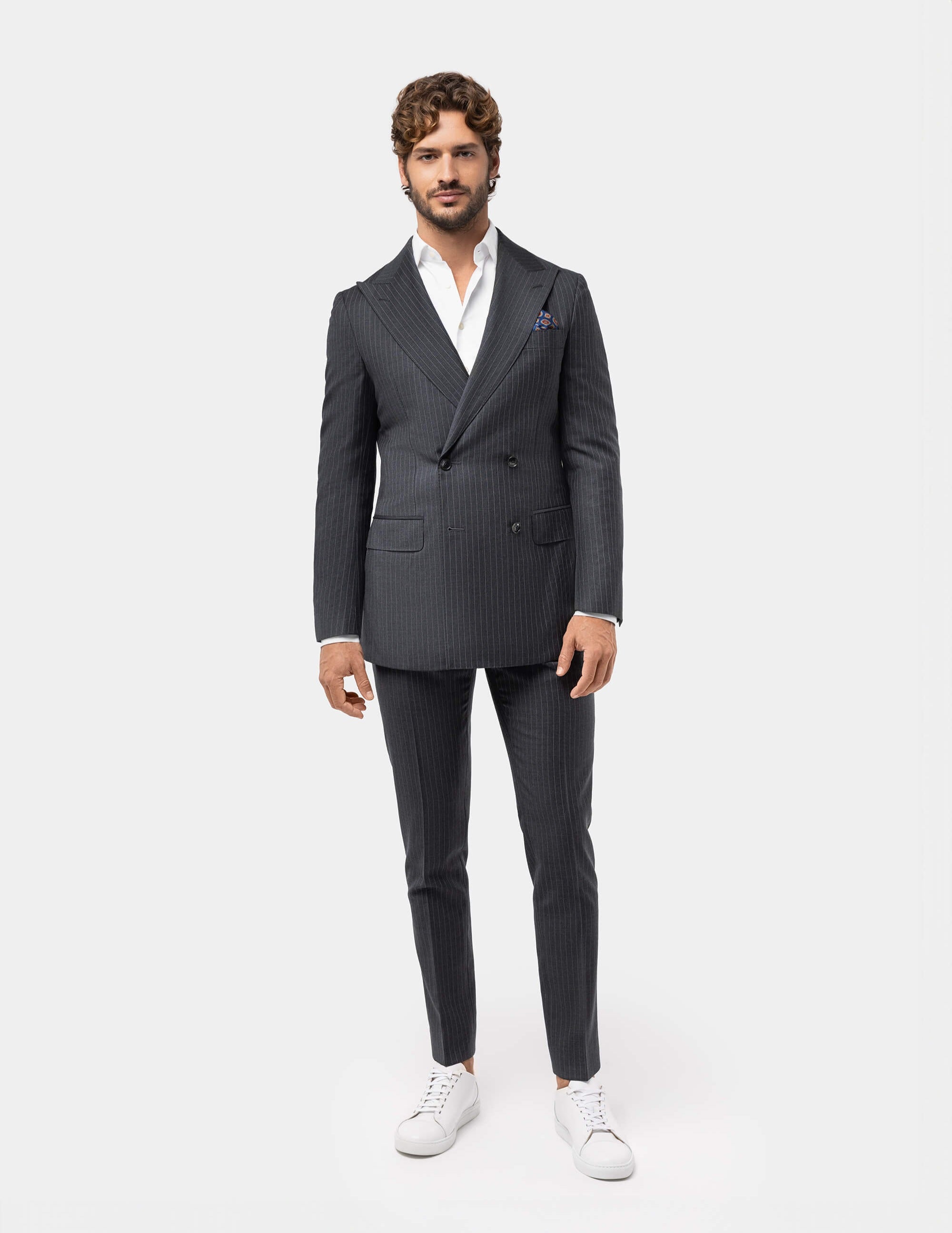 Grey White Stripes Wool Double Breasted Suit - Samir Bachkami