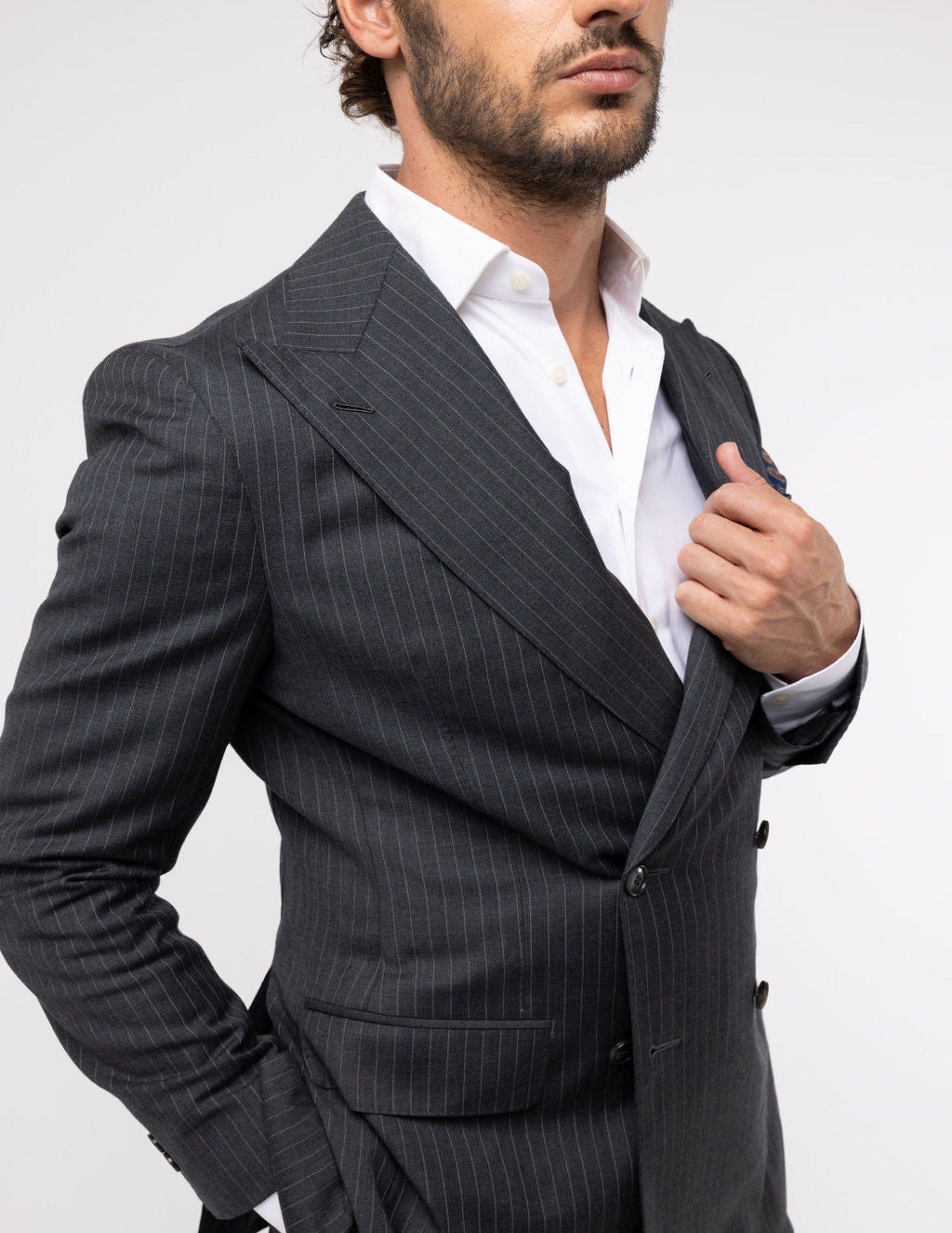 Grey White Stripes Wool Double Breasted Suit - Samir Bachkami