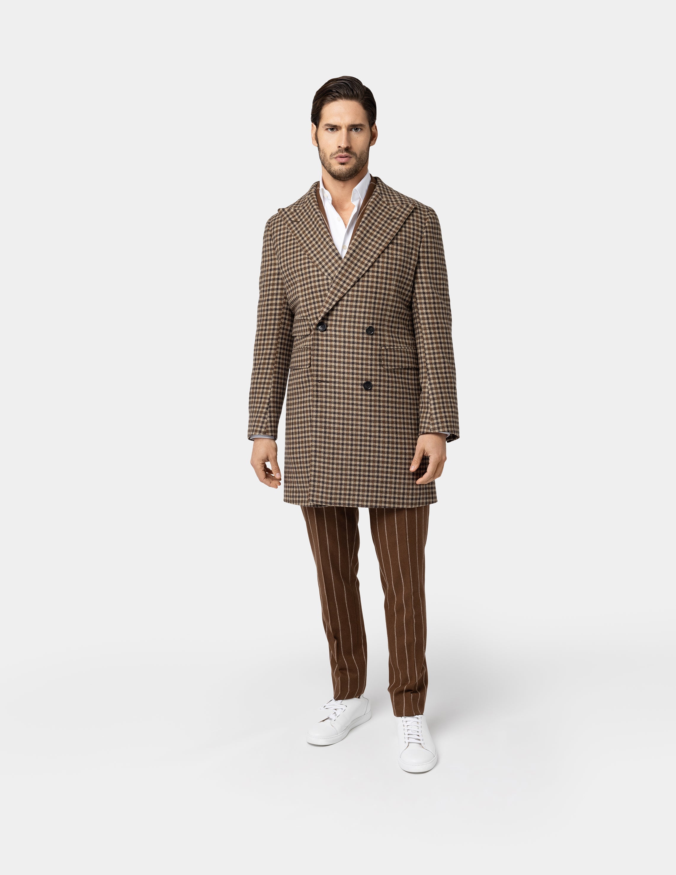 Plaid Brown Double-breasted Coat - Samir Bachkami