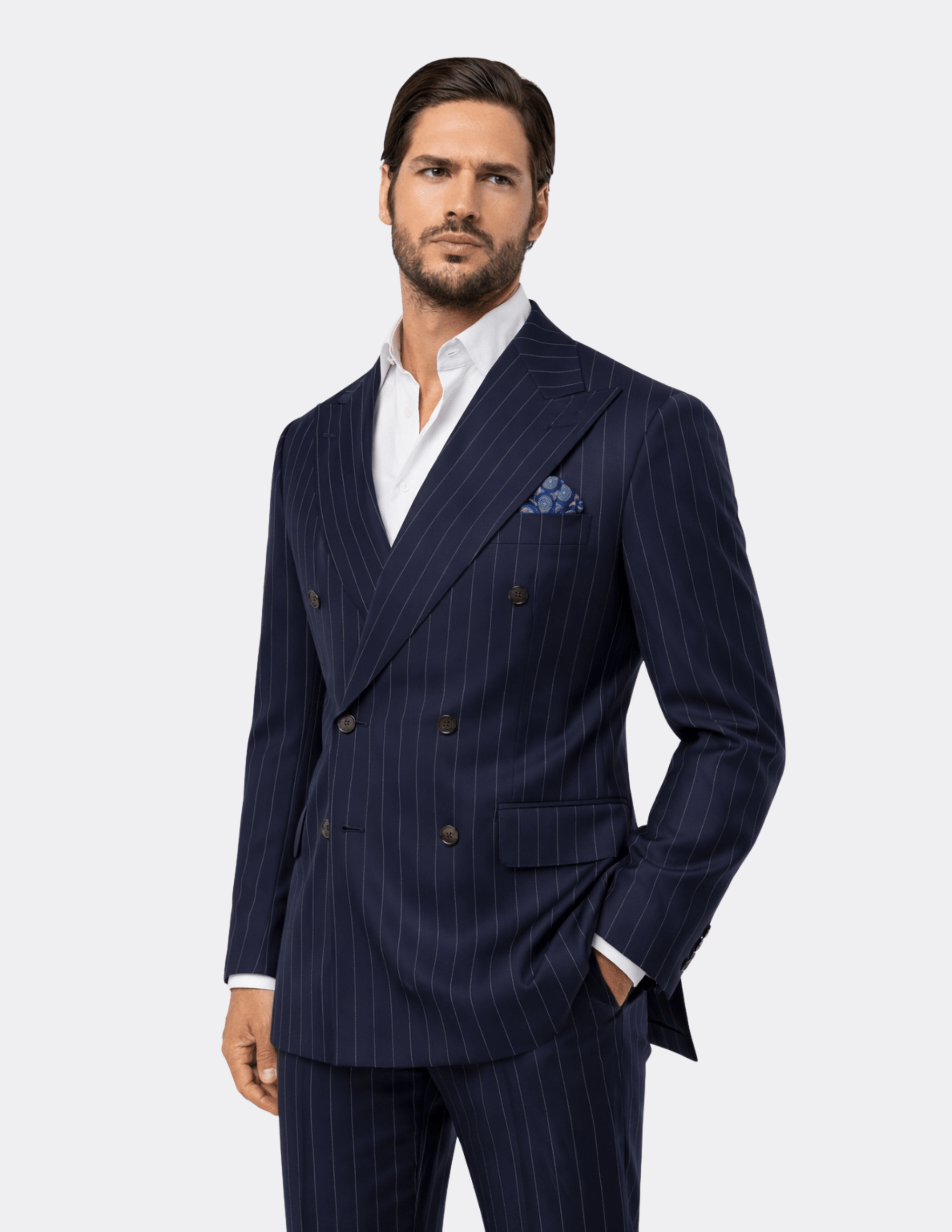 Dark Blue White Stripes Wool Double Breasted Suit - Samir Bachkami