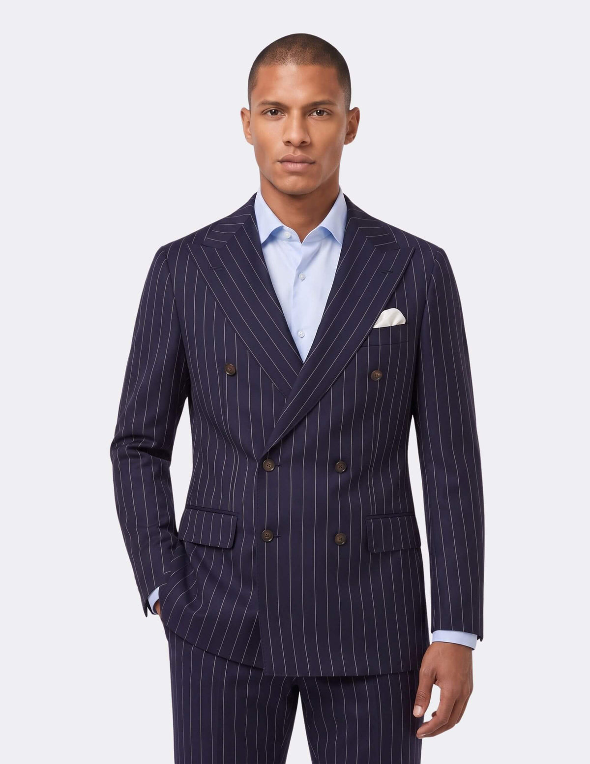 Dark Blue White Stripes Wool Double Breasted Suit - Samir Bachkami