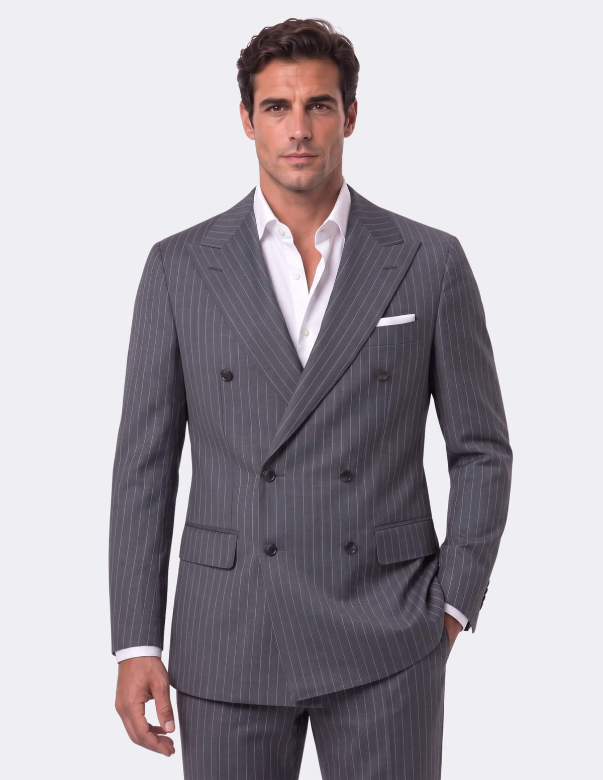 Dark Grey White Stripes Wool Double Breasted Suit - Samir Bachkami