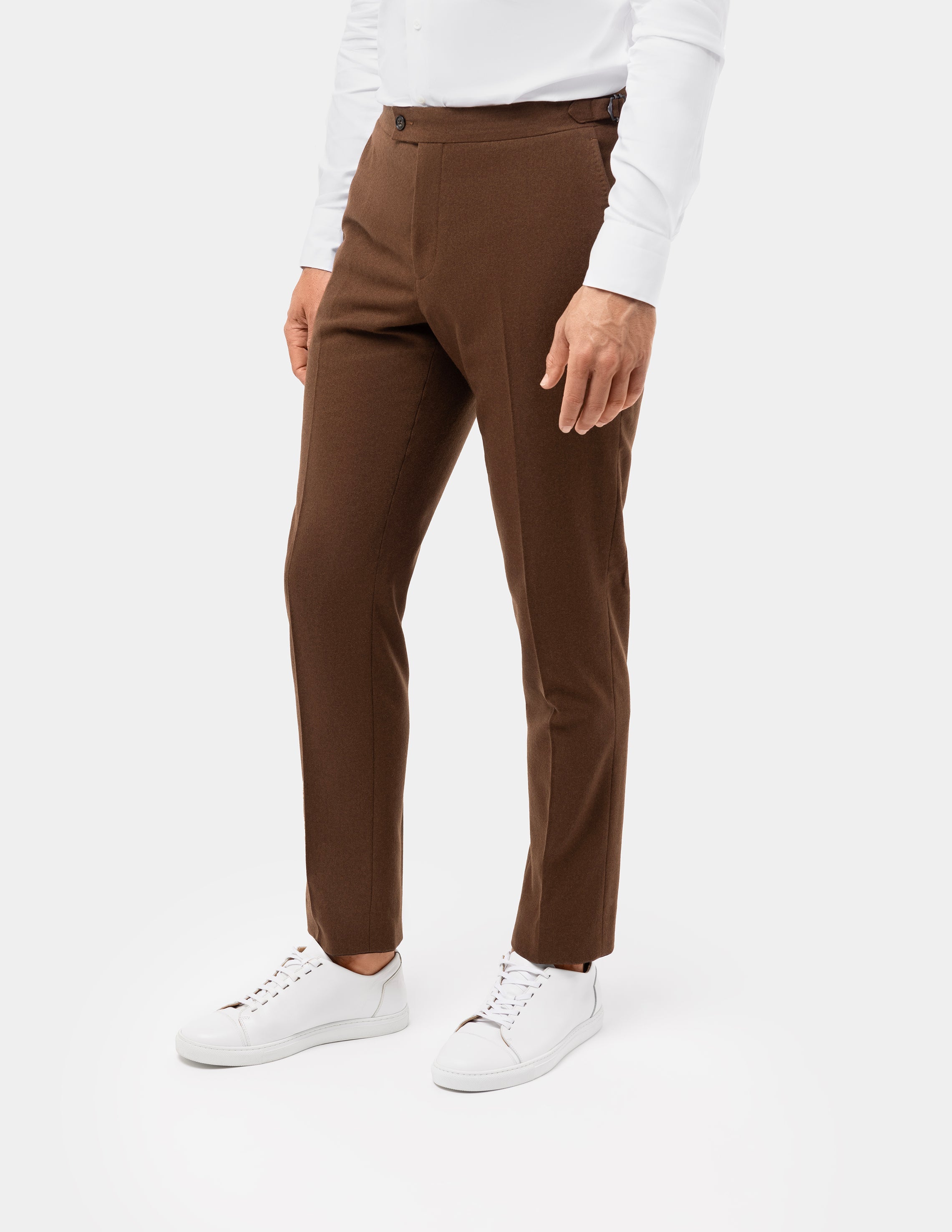 Rota Slim-Fit Virgin Wool Salt Pepper Classic Trousers in Dark Brown |  SARTALE