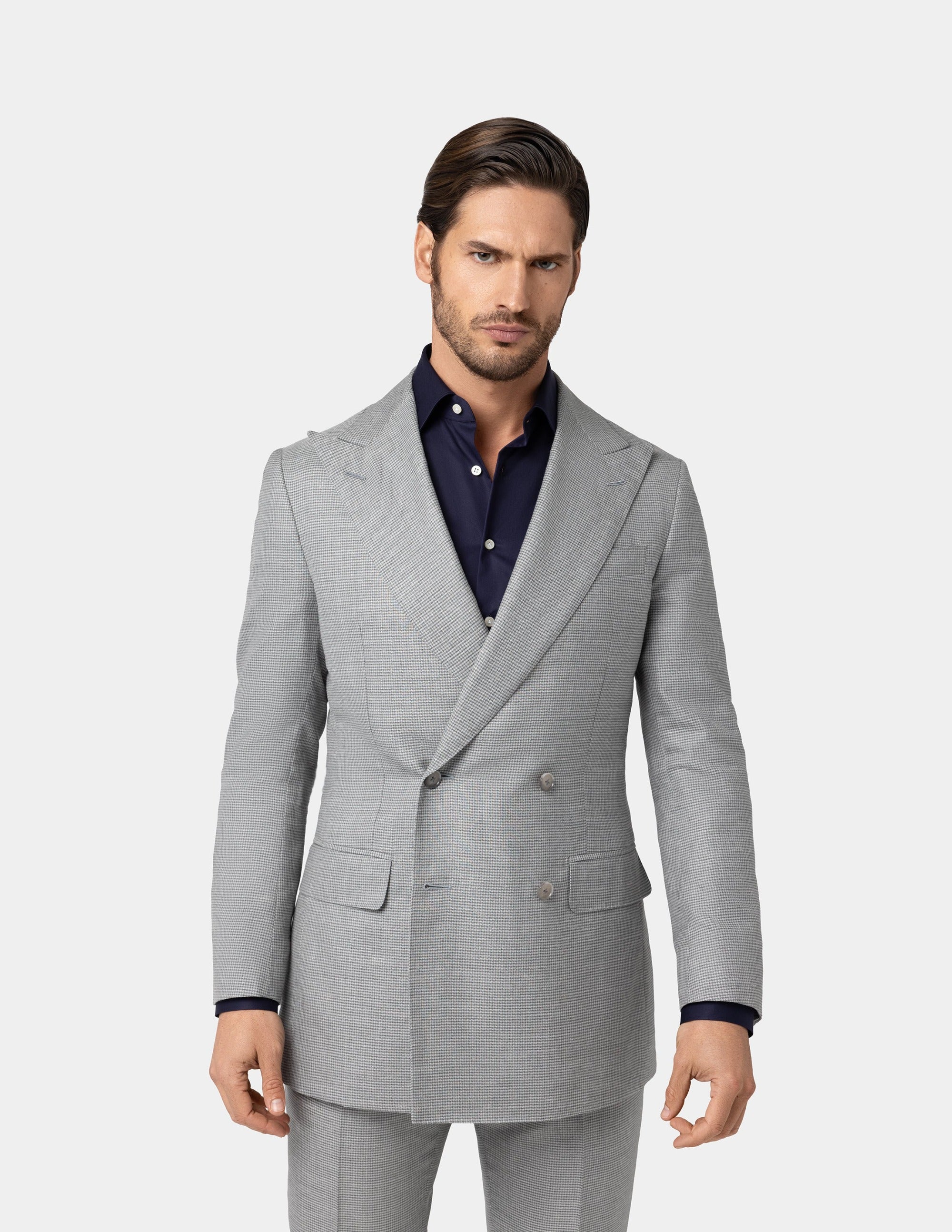 Double breasted light hot sale grey suit