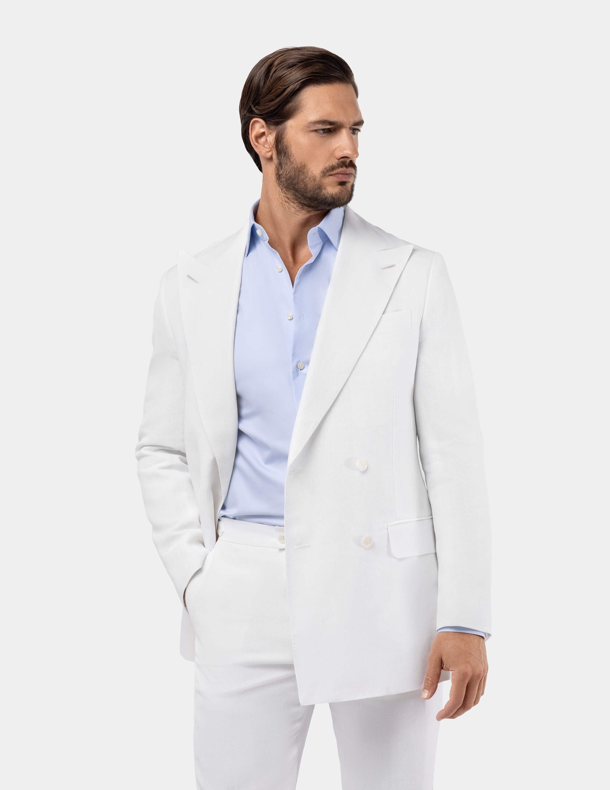 White linen clearance double breasted suit